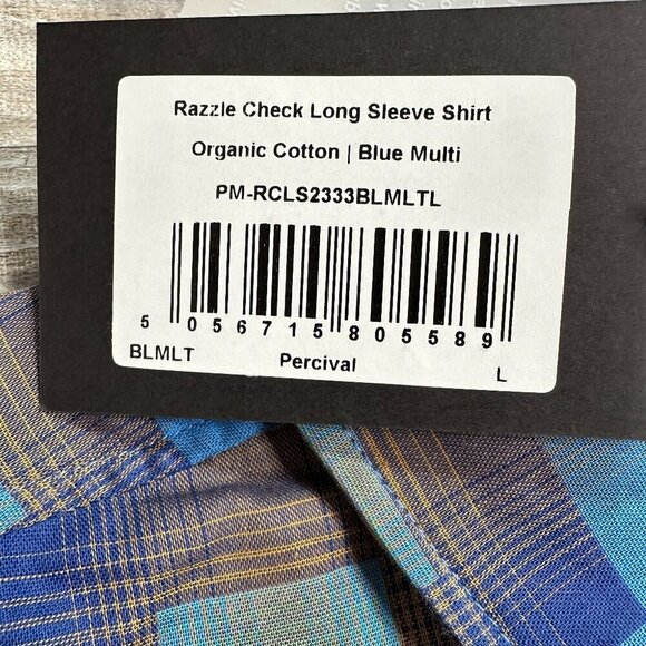 NWT Percival Razzle Check Long Sleeve Shirt Organic Cotton Blue Multi Mens Sz L - Picture 9 of 12